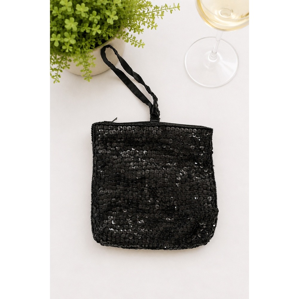Vintage Black Sequined Wristlet Evening Bag Satin Cocktail Purse Prom Grad Shiny